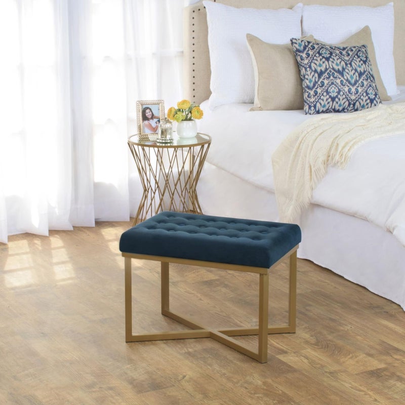 Homepop Home Decor | Upholstered Tufted Velvet Ottoman Bench | Ottoman Bench for Living Room & Bedroom, Blue, 24 x 16 x 17-1/2 inches high - Image 4